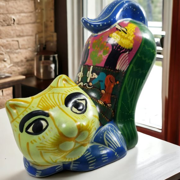 Ceramic Cat Figurine Colorful Red Clay Folk Art Hand Painted Cat Scenic Village - Picture 2 of 12